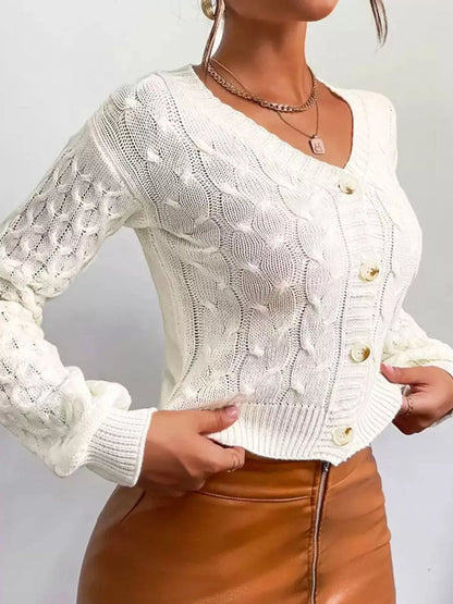 Cable Knit Button-Down Cardigan - Milky White - View 4
