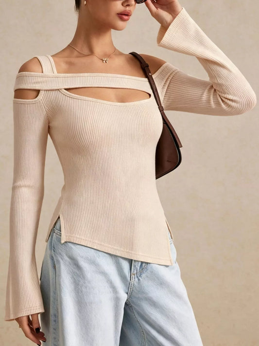 Side Slit Cutout Ribbed Long Sleeve T-Shirt - Apricot - View 2