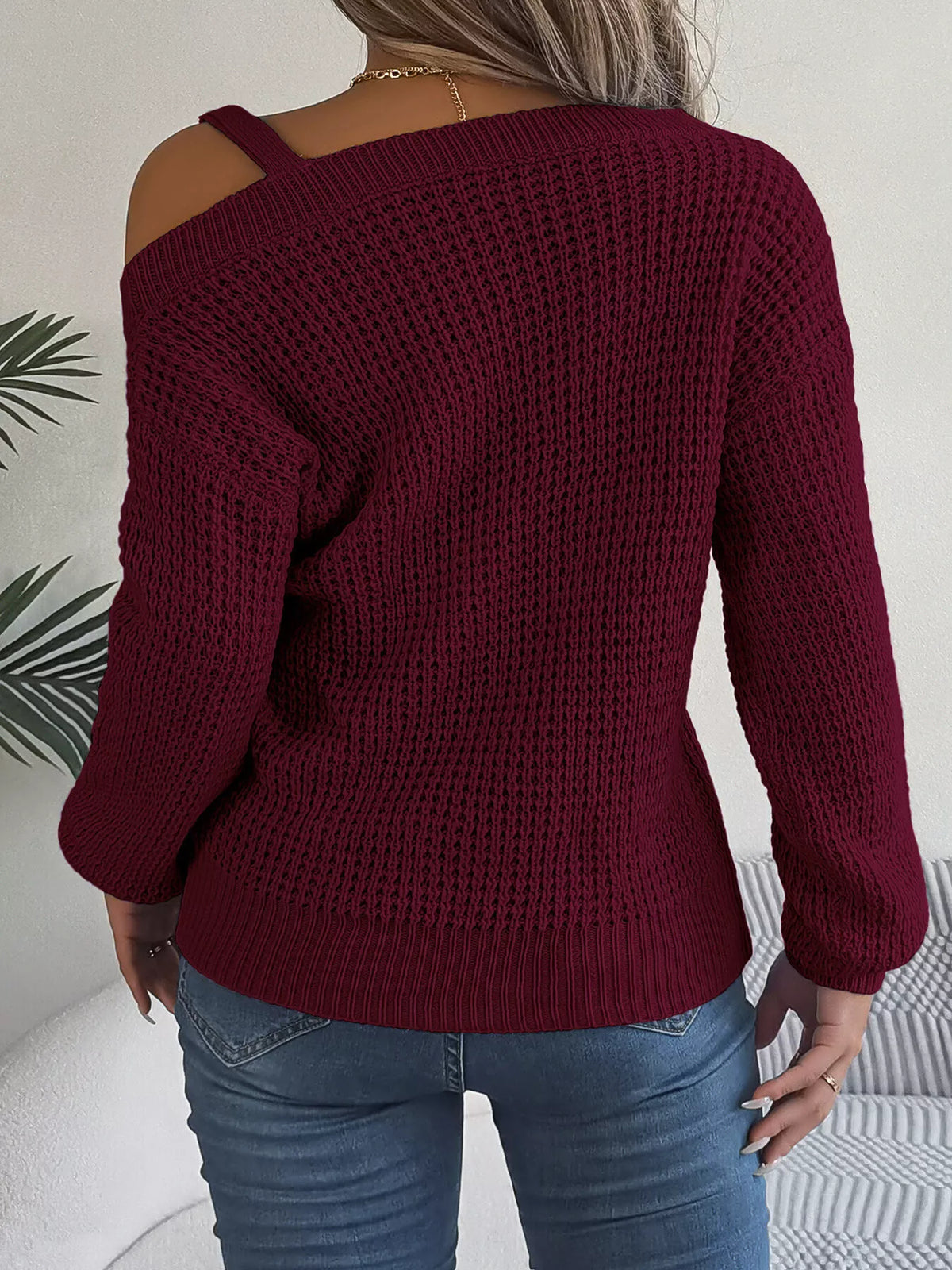 Asymmetrical Neck Long Sleeve Sweater - Burgundy - View 7
