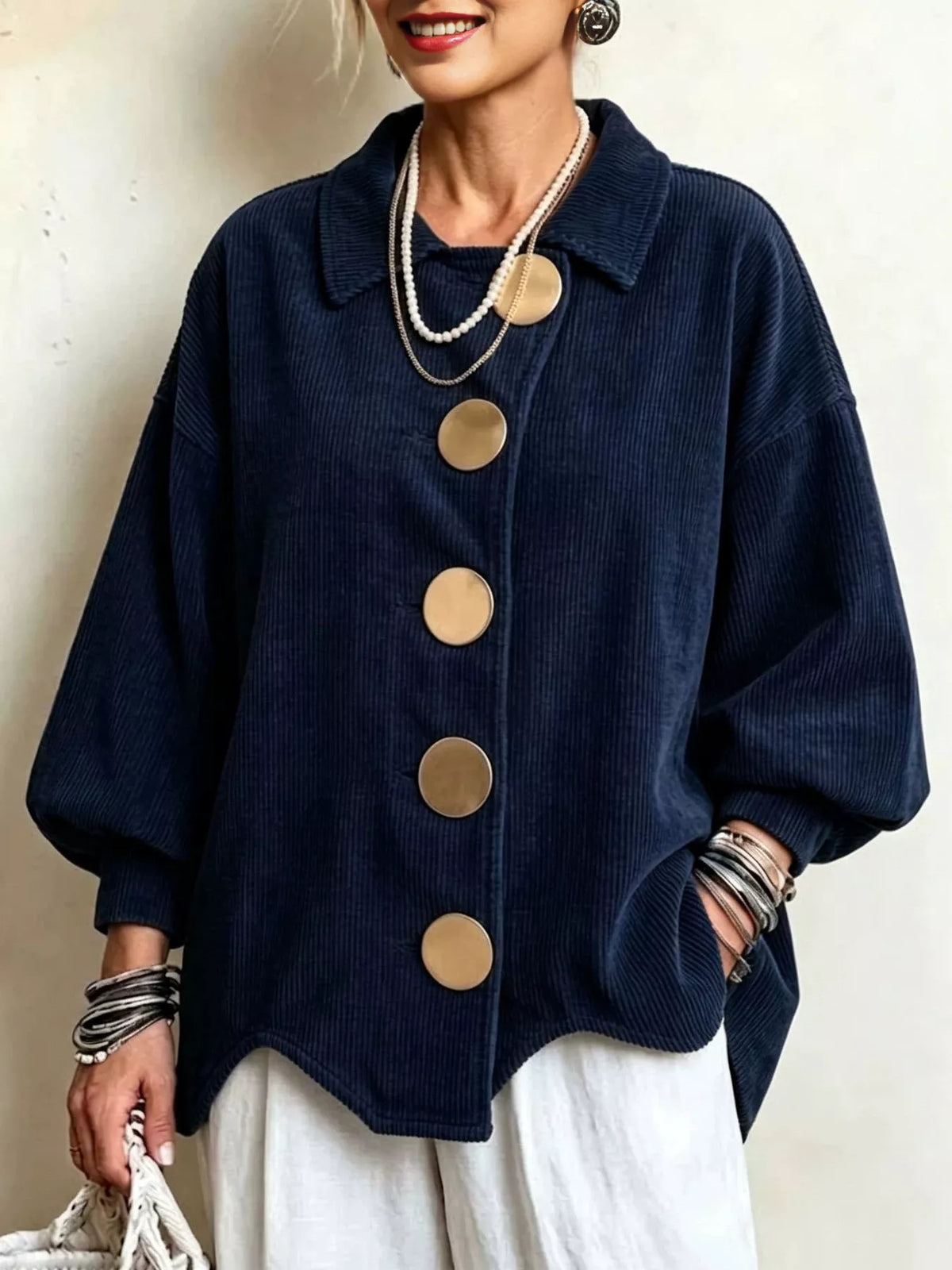 Full Size Corduroy Button-Down Jacket Plus Size - Navy - View 11