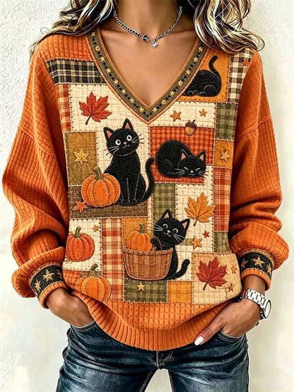 Full Size Cat and Pumpkin V-Neck Sweater Plus Size - Orange - View 1