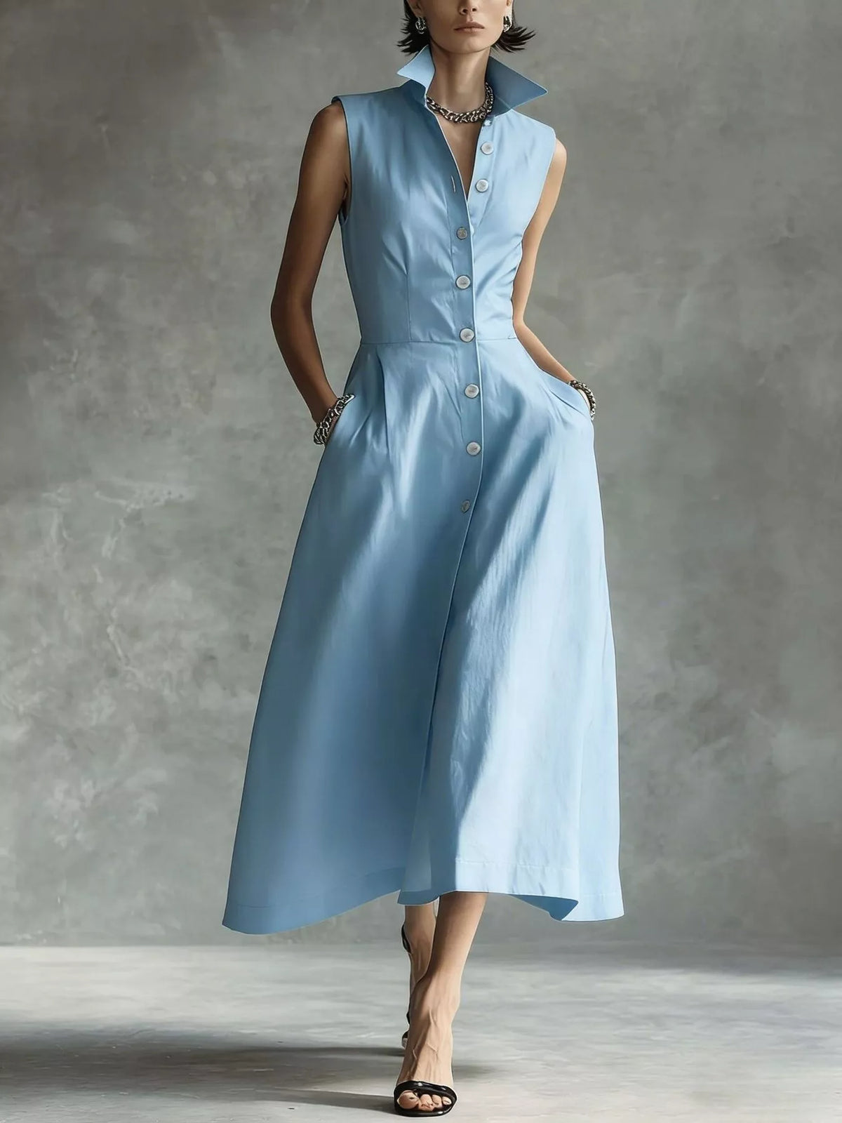 Sleeveless Button-Down Midi Shirt Dress - Light Blue - View 11