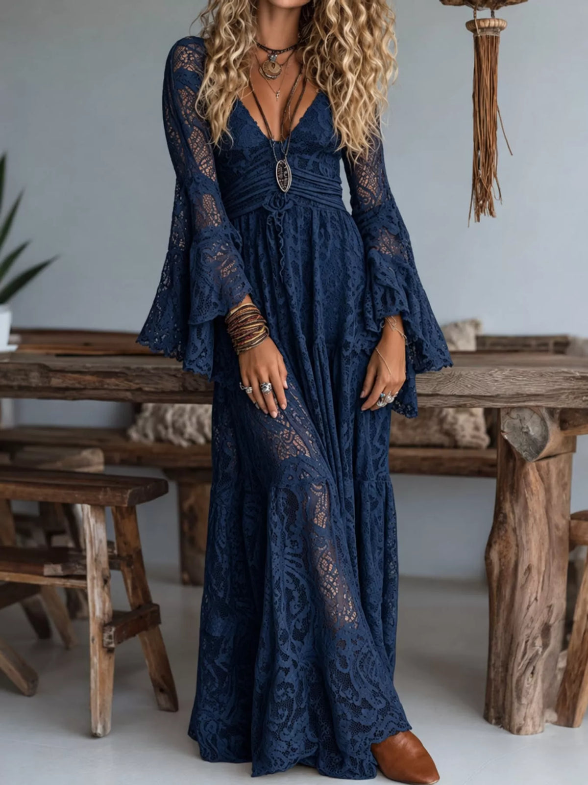 V-Neck Lace Flare Sleeve Maxi Dress - Blue - View 5