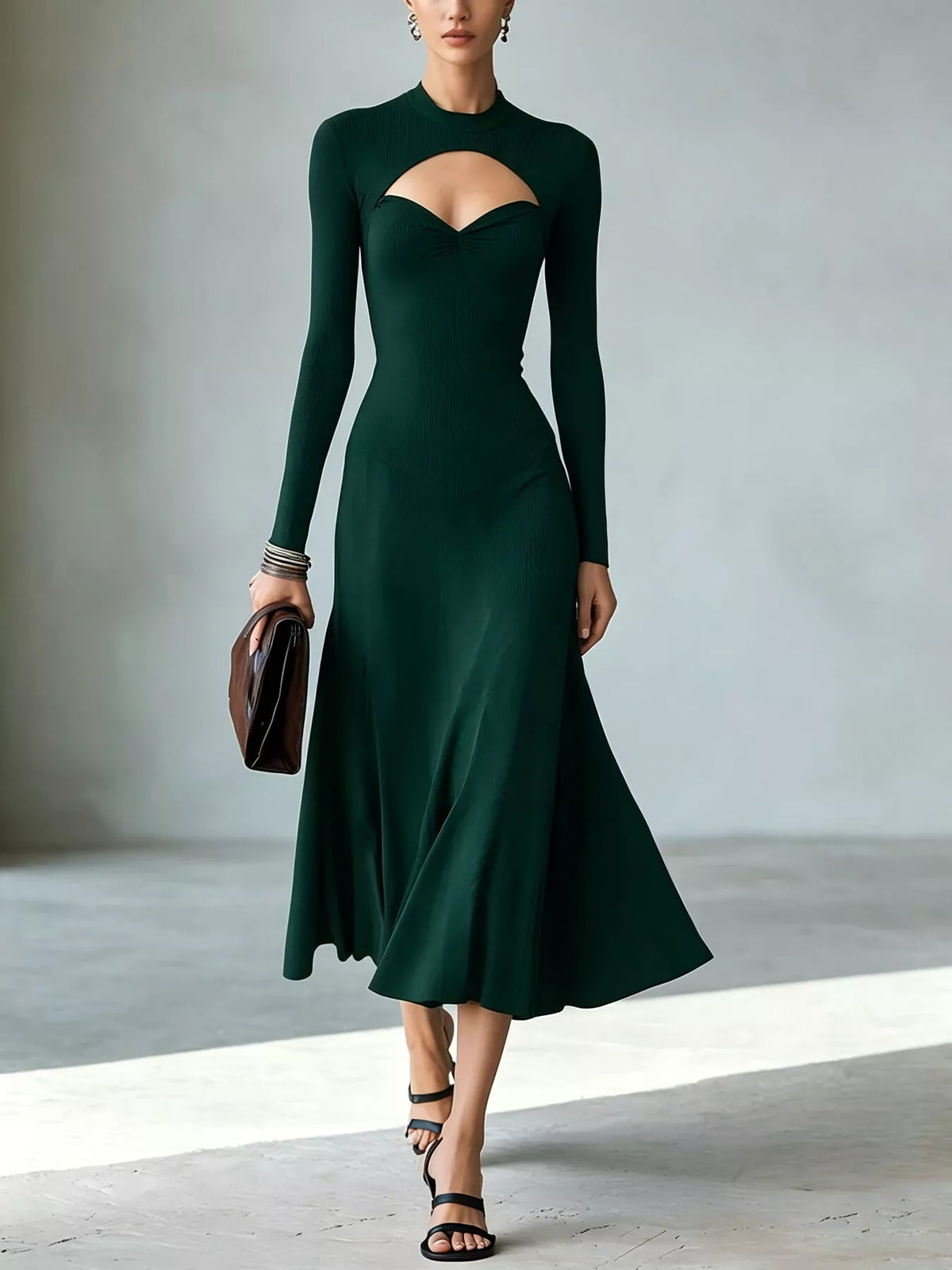 Full Size Mock Neck Cut-Out Long Sleeve Midi Dress Plus Size - Dark Green - View 1