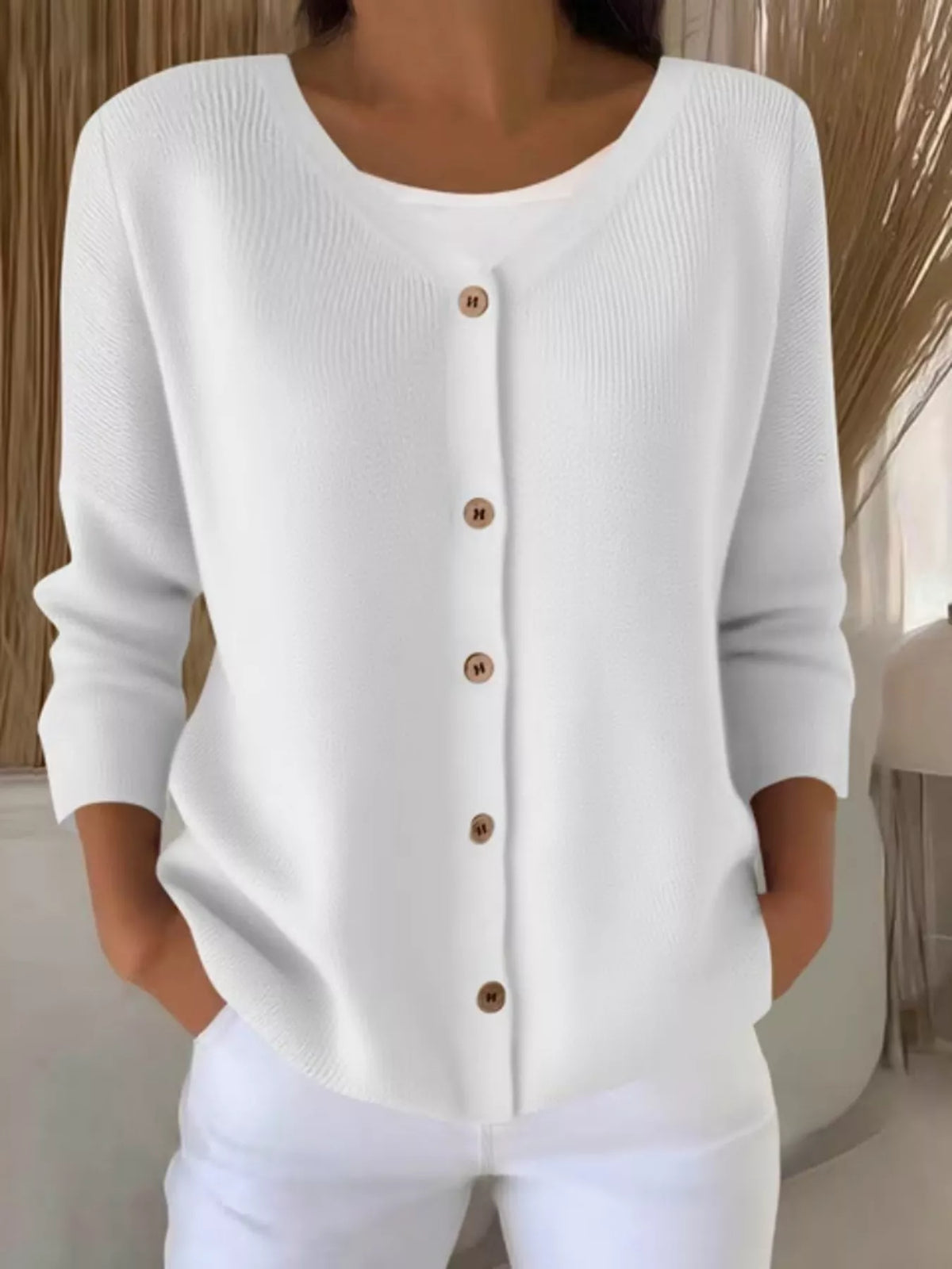 V-Neck Button-Down Ribbed Knit Cardigan - White - View 1