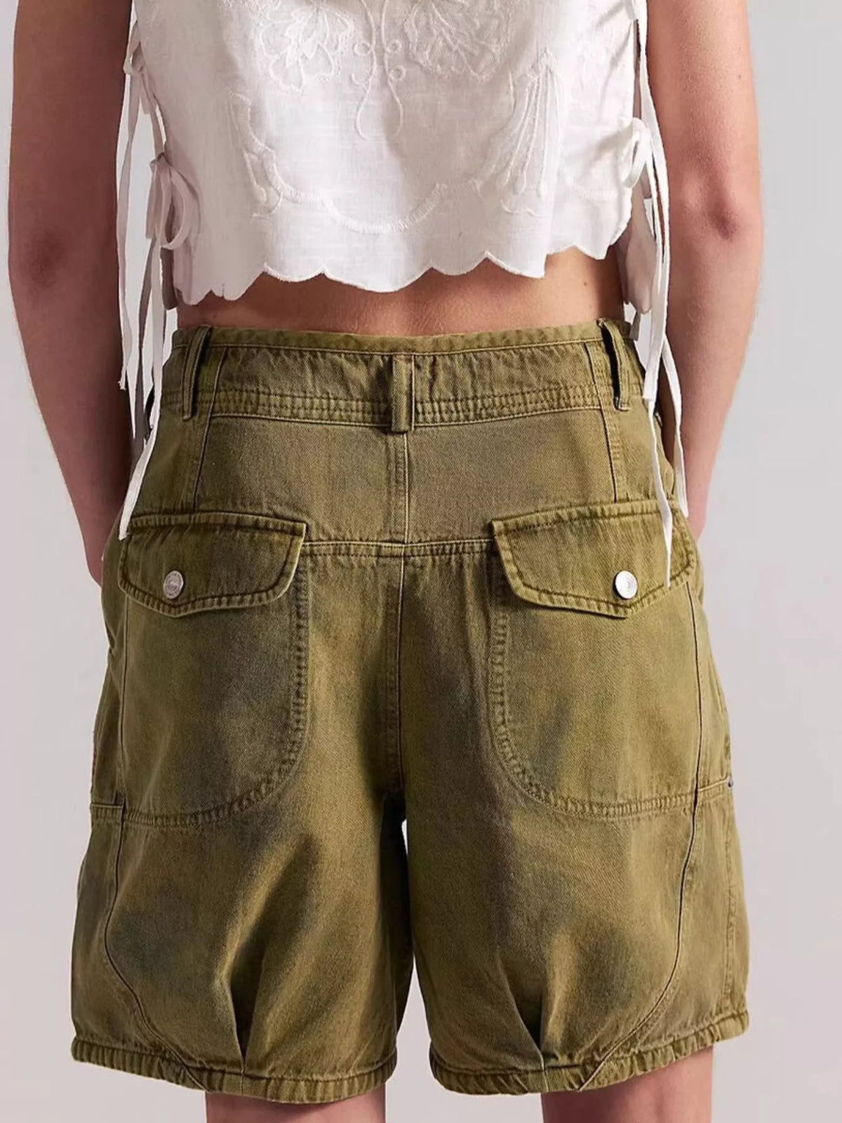 High-Waisted Denim Shorts - Olive Green - View 3