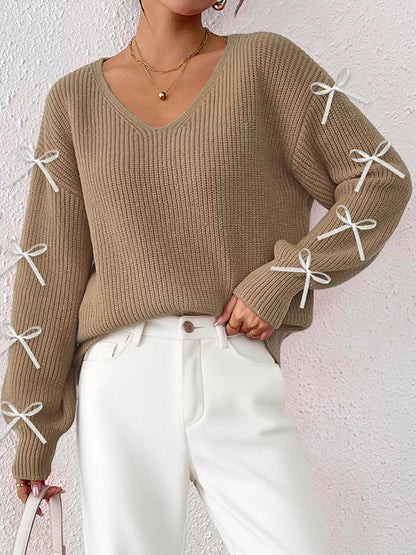 Bow-Tie Sleeve V-Neck Sweater - Khaki - View 2