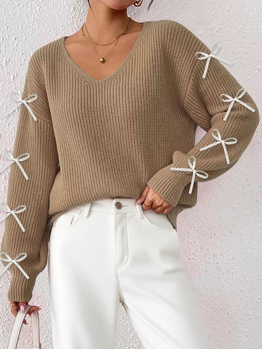 Bow-Tie Sleeve V-Neck Sweater - Khaki - View 2