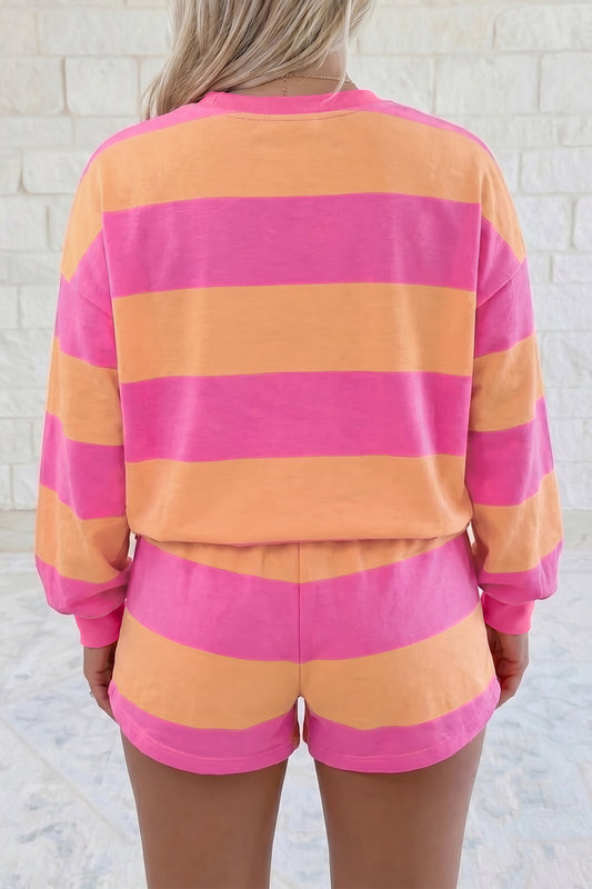 Pink Stripe Long Sleeve Casual Top Drawstring Shorts 2pcs Set - Pink Stripe - 3