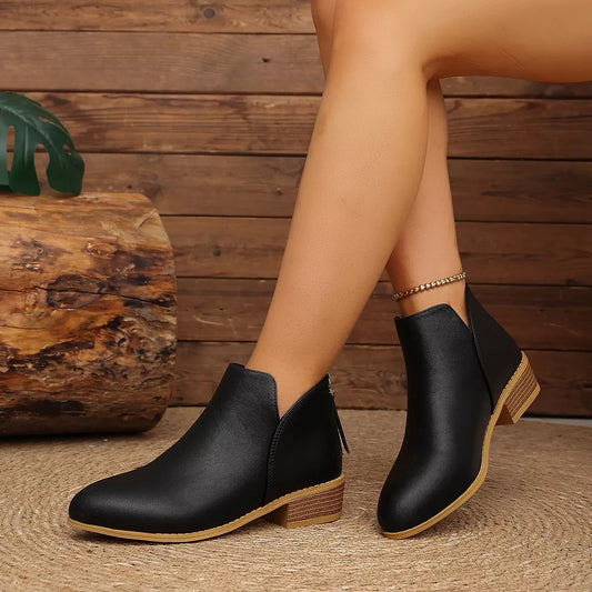 Classic Faux Leather V-Cut Ankle Boots with Block Heel - Black - View 1