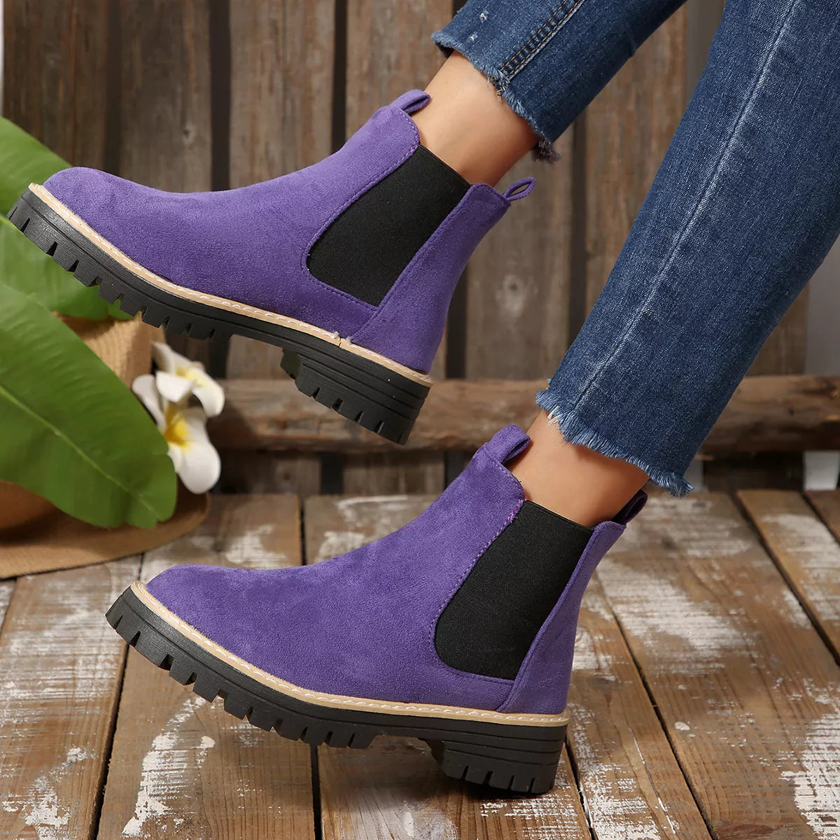 Round Toe Block Heels Boots - Purple - View 17