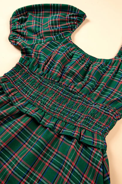 Green Plaid Shirred U Neck Short Sleeve Mini Dress - product photo 8