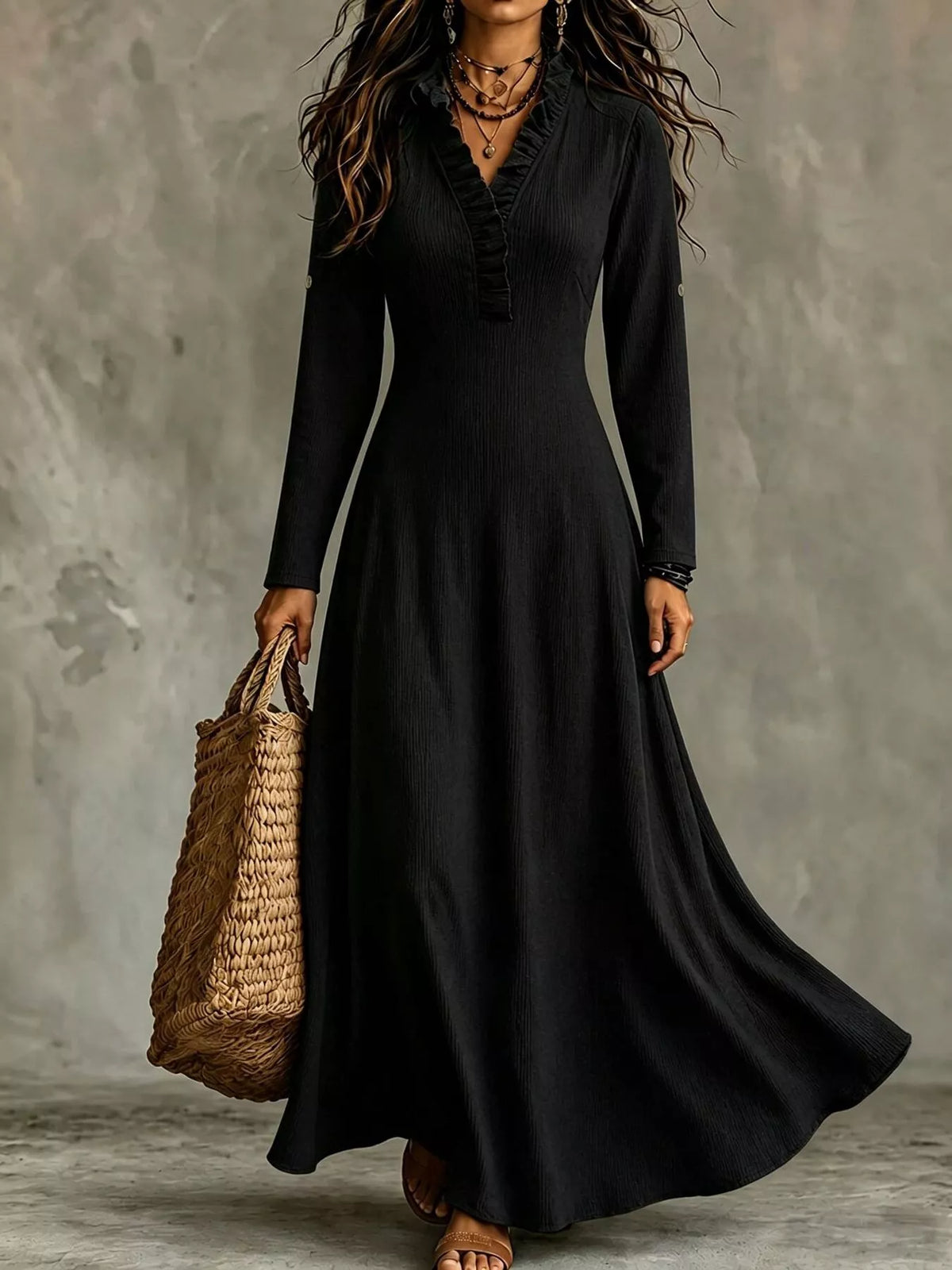 Full Size V-Neck Maxi Dress with Roll-Up Sleeves Plus Size - Black - View 1