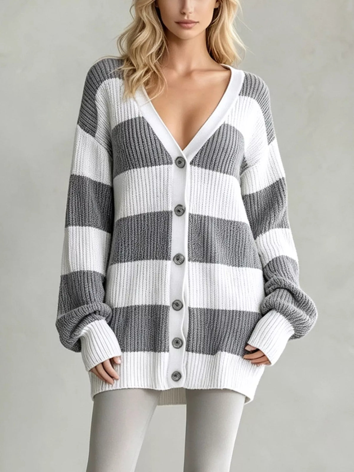Striped V-Neck Button-Down Cardigan - Gray - View 7