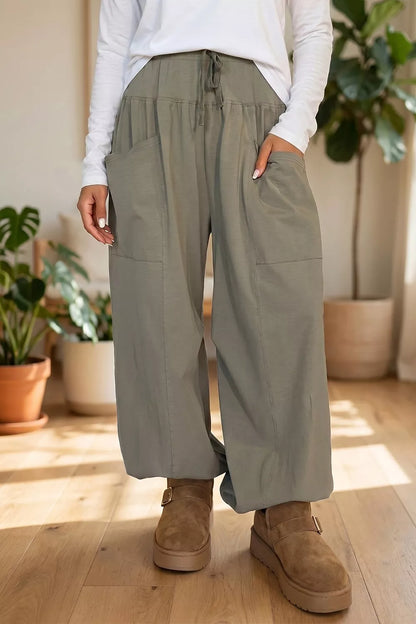 Elastic Waist Drawstring Wide Leg Full Length Pants - Army Green - View 1