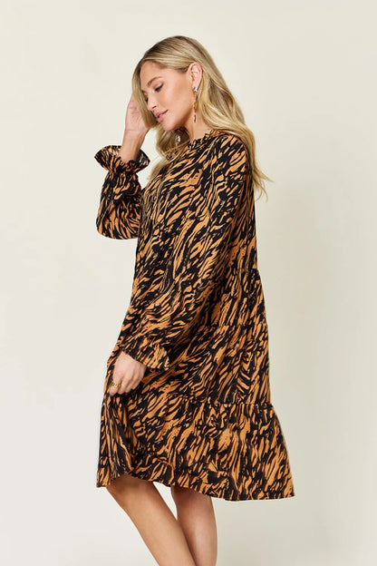 Double Take Full Size Printed Ruffle Hem Long Sleeve Dress Plus Size - Caramel - View 4