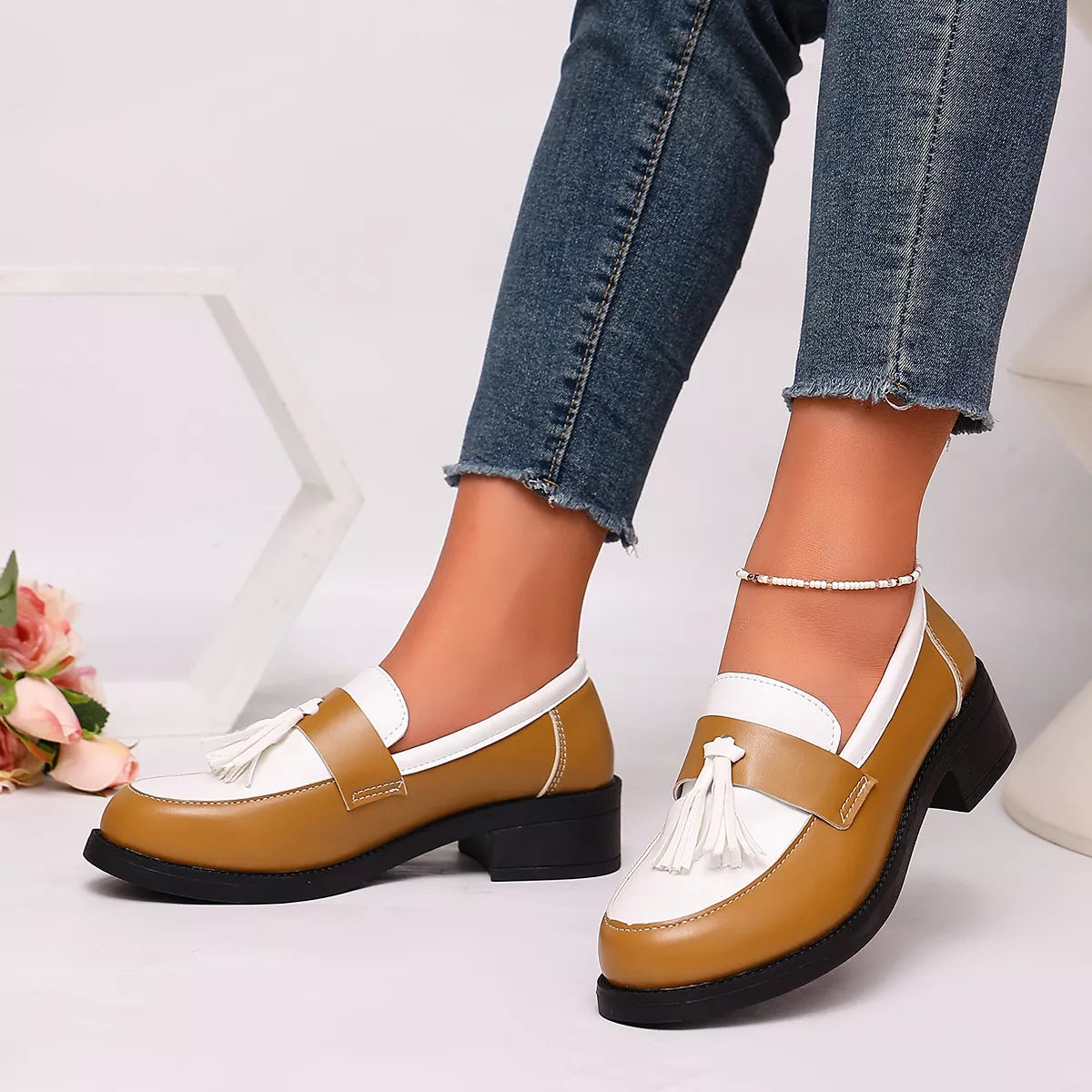 Round Toe Block Heels Loafers - Brown - View 5