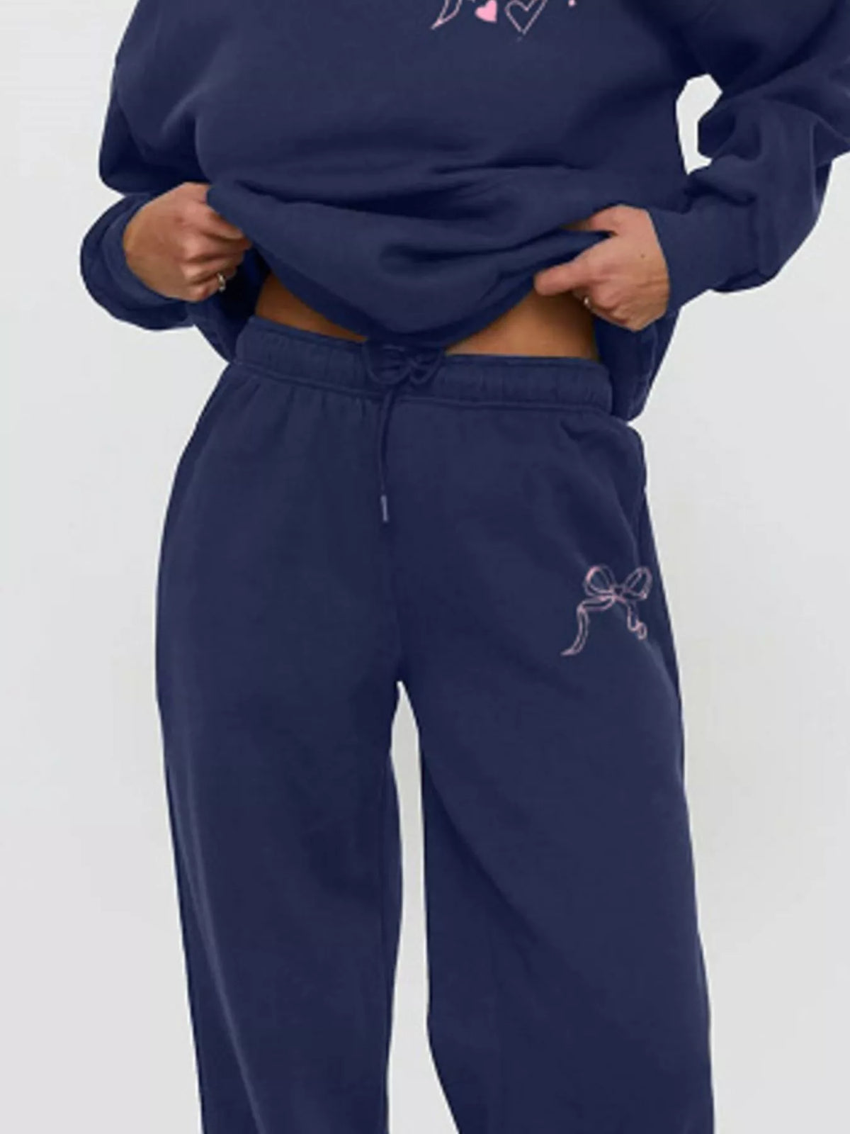 Bow and Heart Dropped Shoulder Hoodie and Pants Set - Blue - View 2