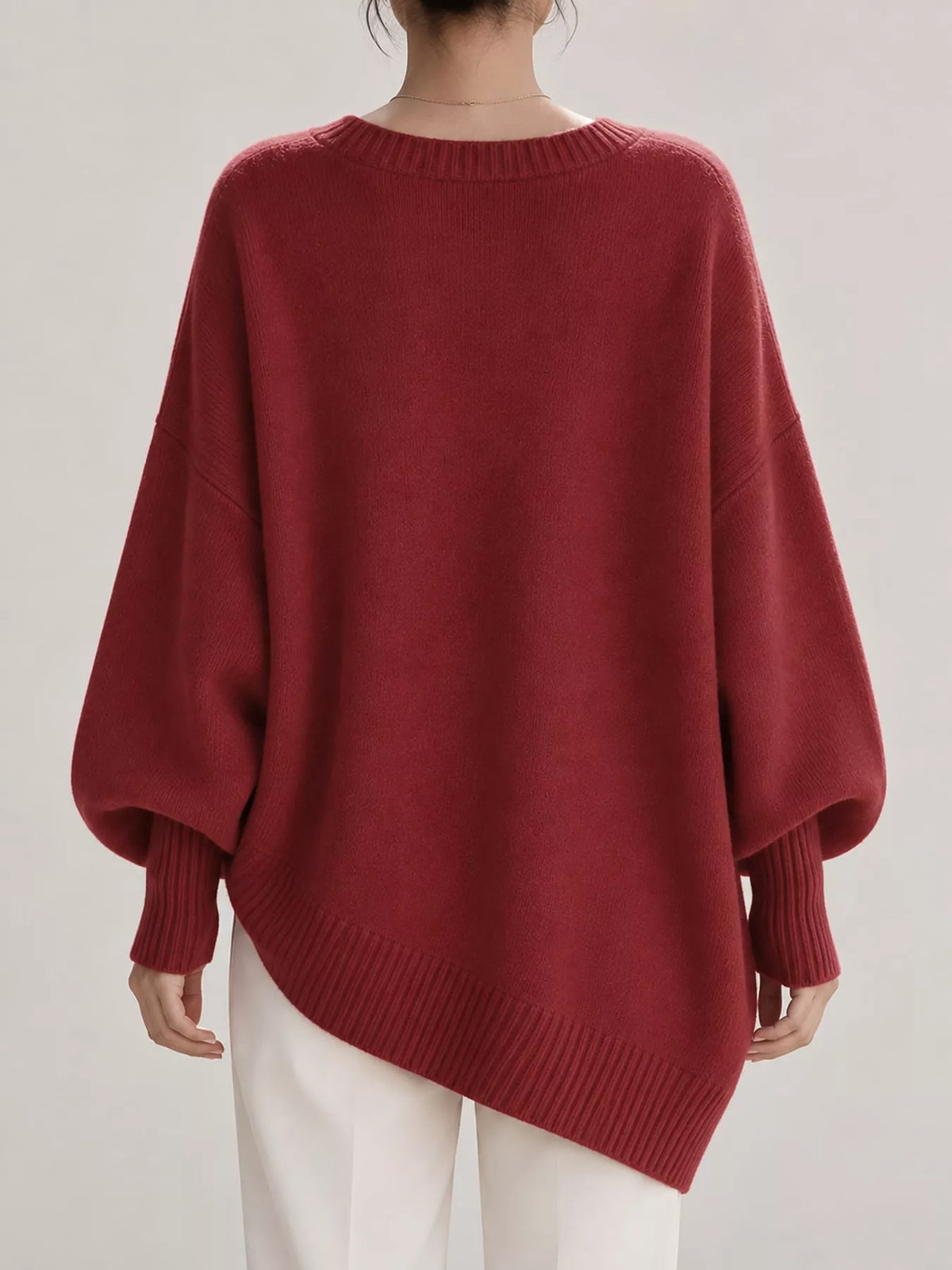 Full Size V-Neck Oversized Batwing Sleeve Sweater Plus Size - Red - View 3
