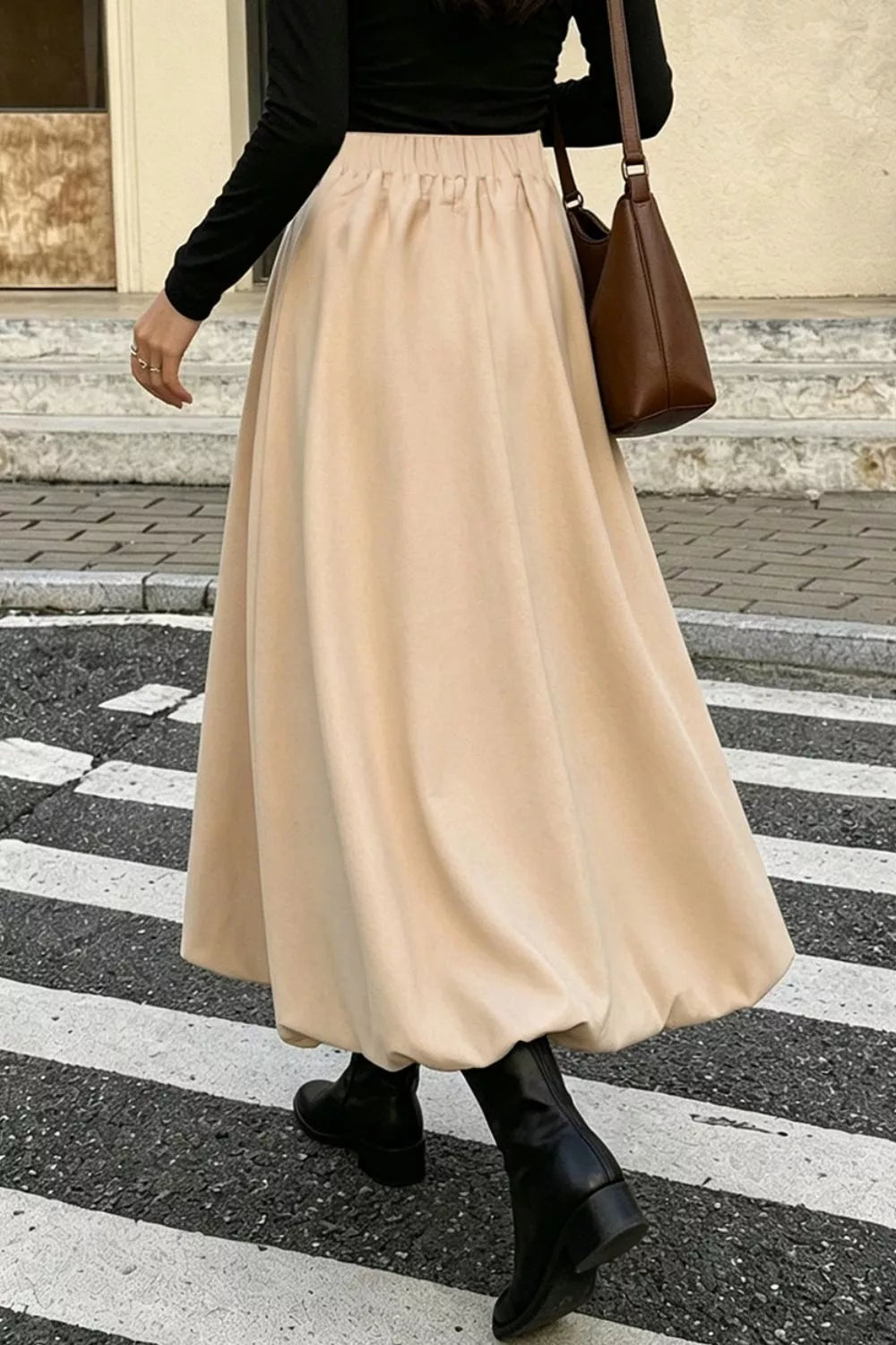 High-Waisted A-Line Midi Skirt - Tan - View 2