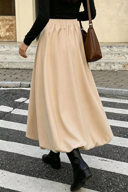 High-Waisted A-Line Midi Skirt - Tan - View 2