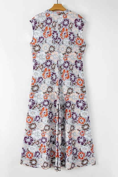 Floral Sleeveless Button Front Wide Leg Jumpsuit - Floral - View 6