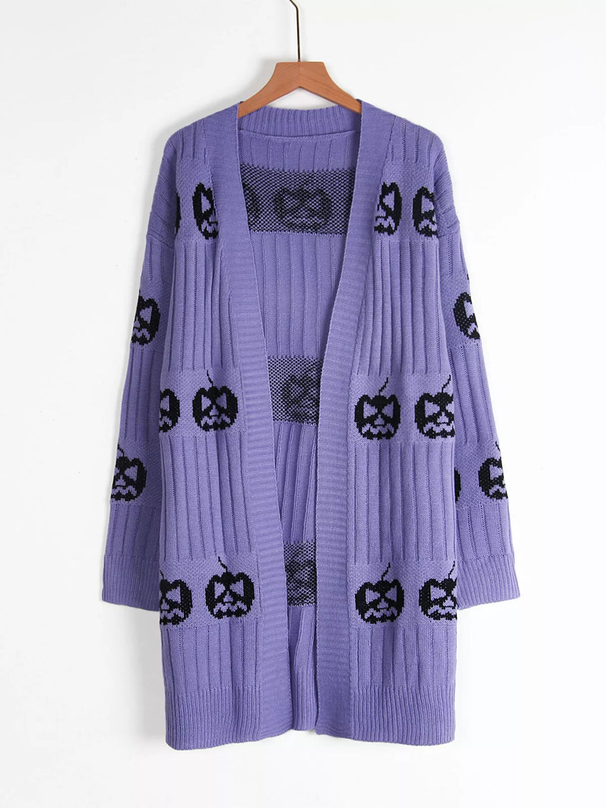 Halloween Pumpkin Open Front Knit Cardigan - Purple - View 3