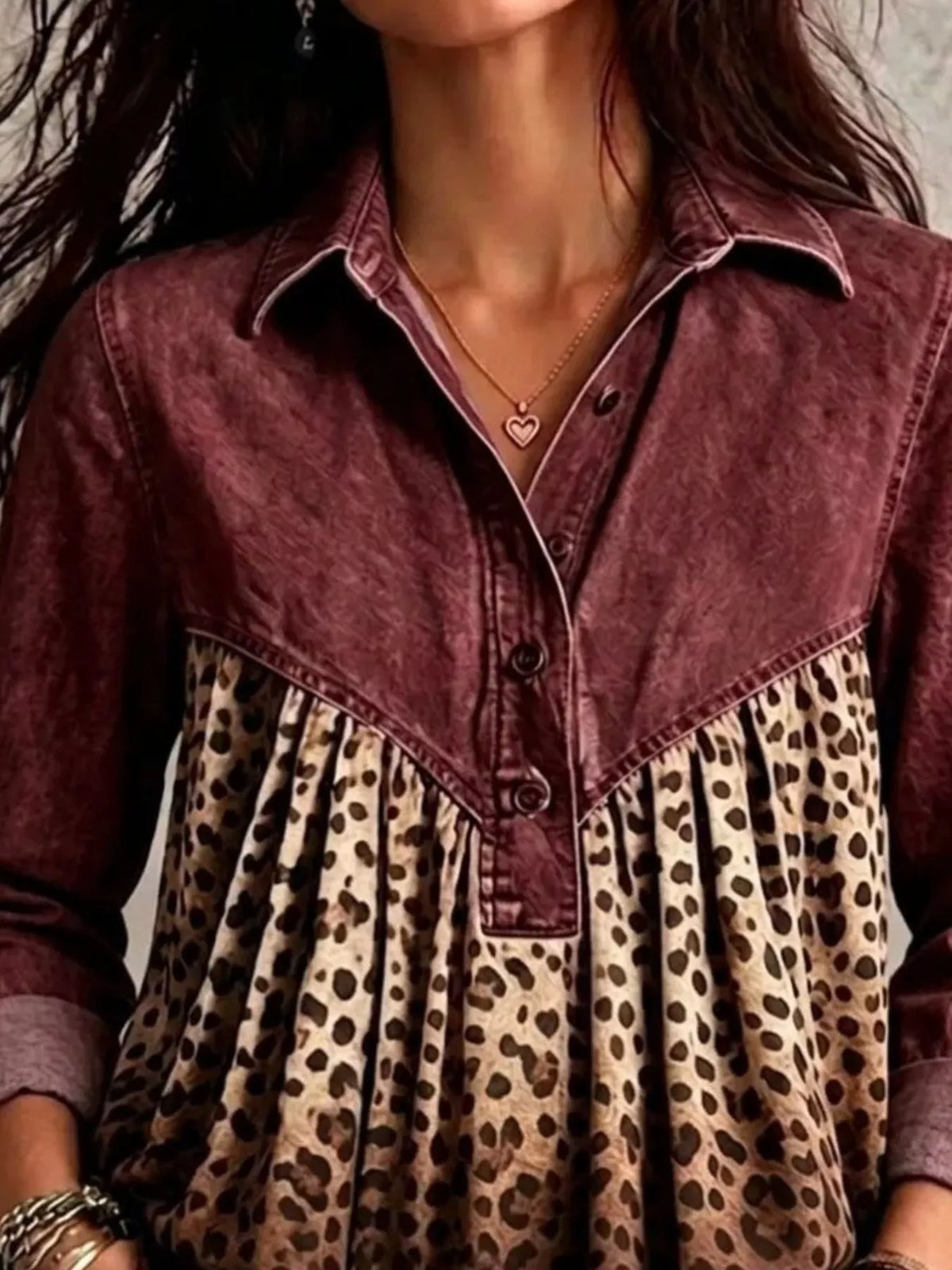 Full Size Leopard Button Detail Blouse Plus Size - Burgundy - View 2