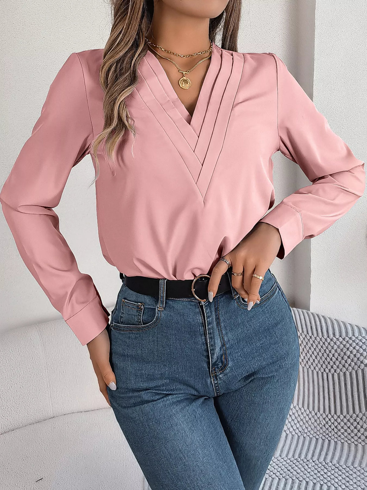 Layered V-Neck Long Sleeve Blouse - Blush Pink - View 9
