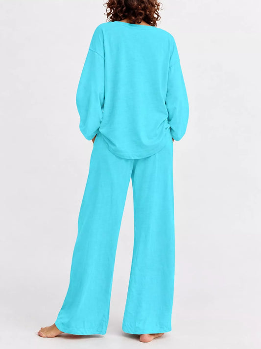 Full Size Round Neck Top and Drawstring Wide-Leg Pants Set Plus Size - Lake Blue - View 2
