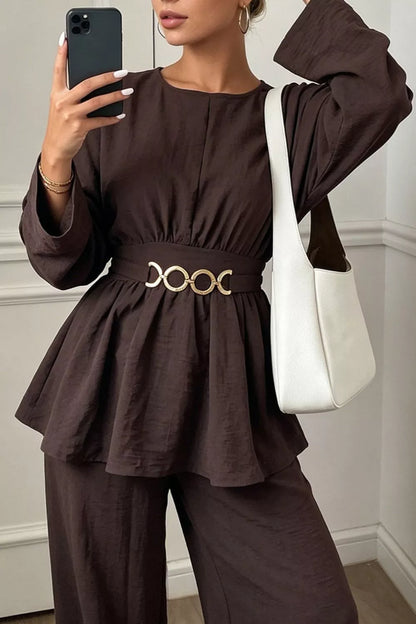 Metal Chain Waist Detail Top and Pants Set - Beige - View 5