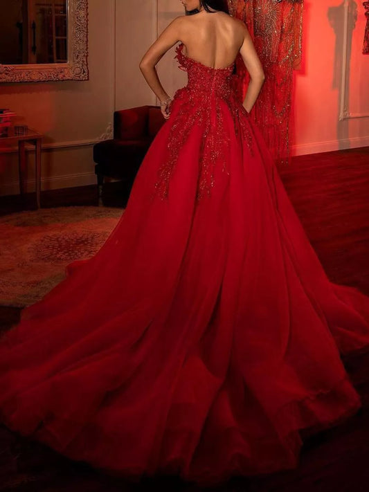 High-Slit Strapless Evening Gown - Red - View 2