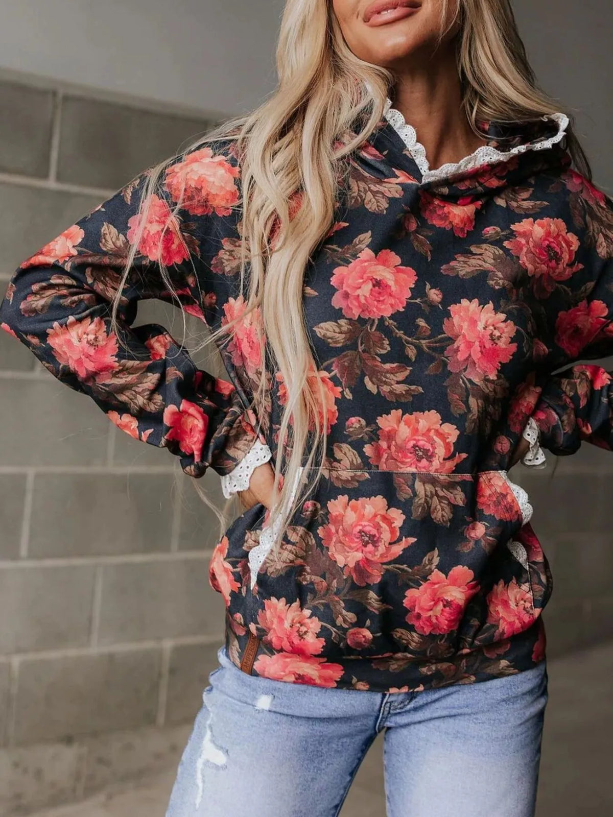 Lace Trim Kangaroo Pocket Hoodie - Black - View 1