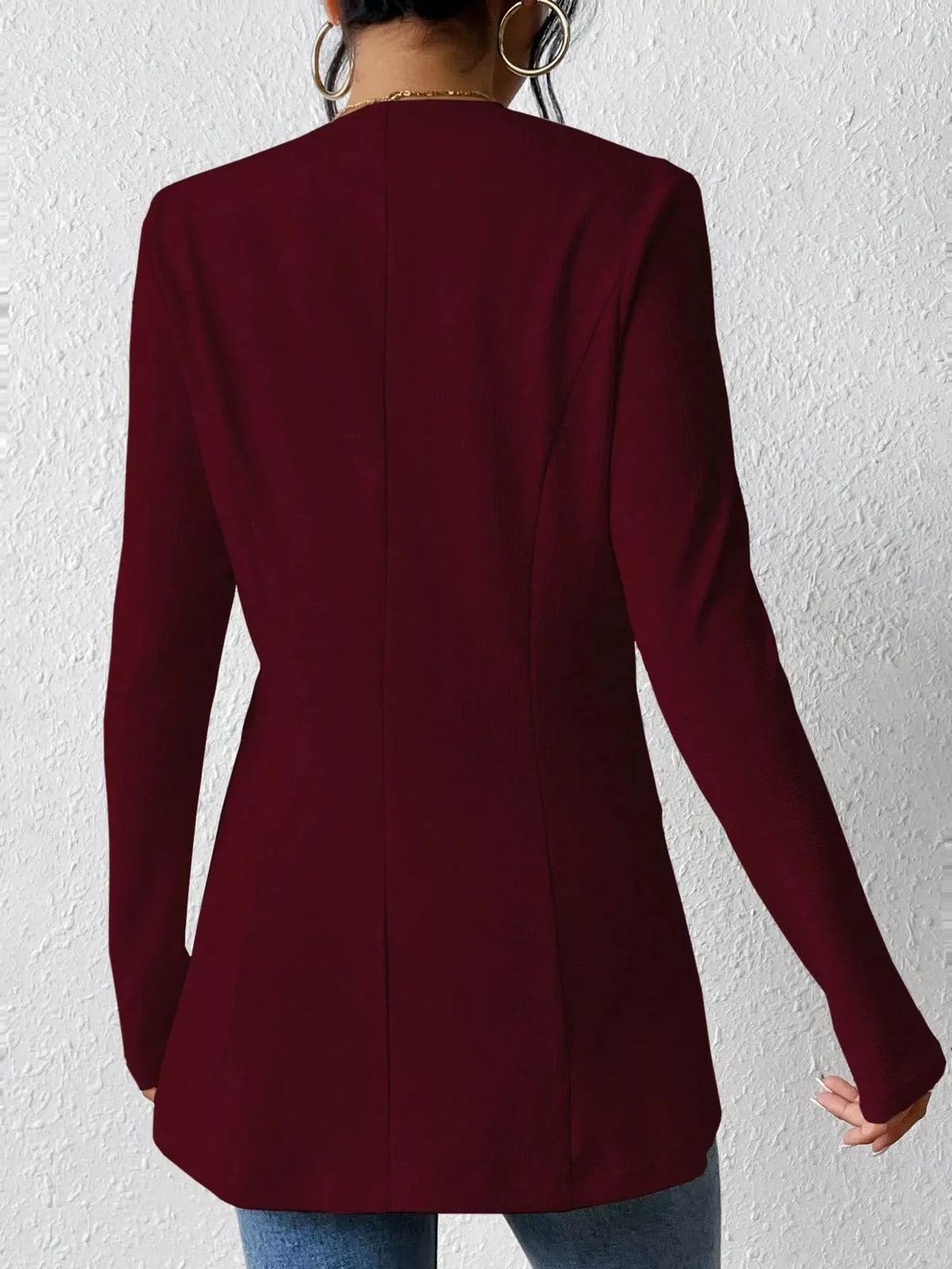 One Button Long Sleeve Blazer - Burgundy - View 23