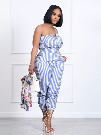 Striped Tube Casual Jumpsuit - Stripe - View 1