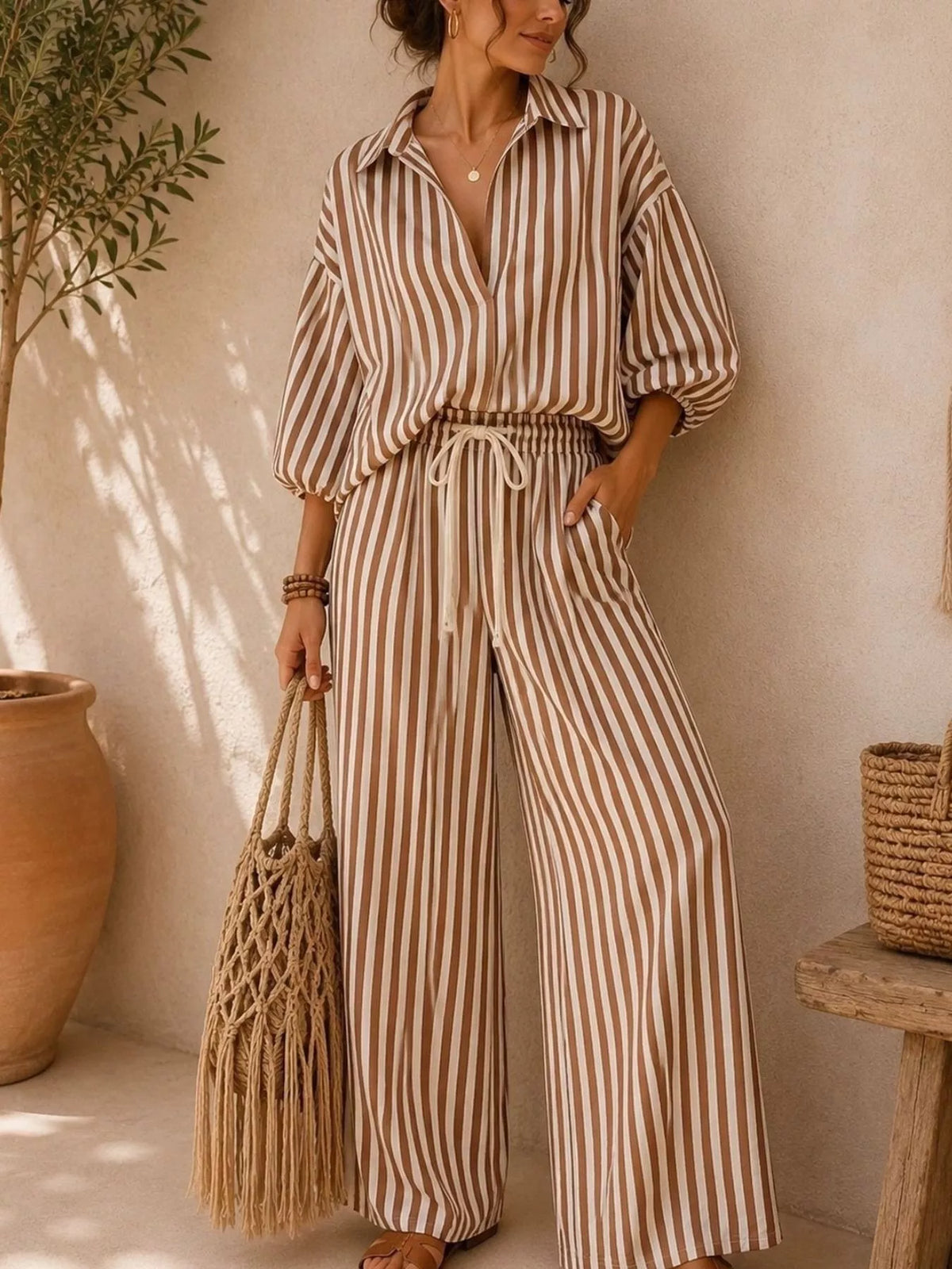 Full Size Striped Relaxed Fit Shirt and Wide-Leg Pants Set Plus Size - Camel - View 1