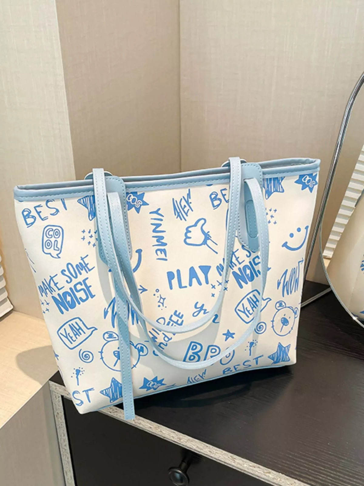 Graffiti Print Casual Tote Bag - Blue - View 12