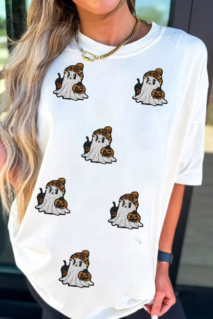 Full Size Halloween Sequin Ghost Print Short Sleeve Casual T-Shirt Plus Size - White - View 3