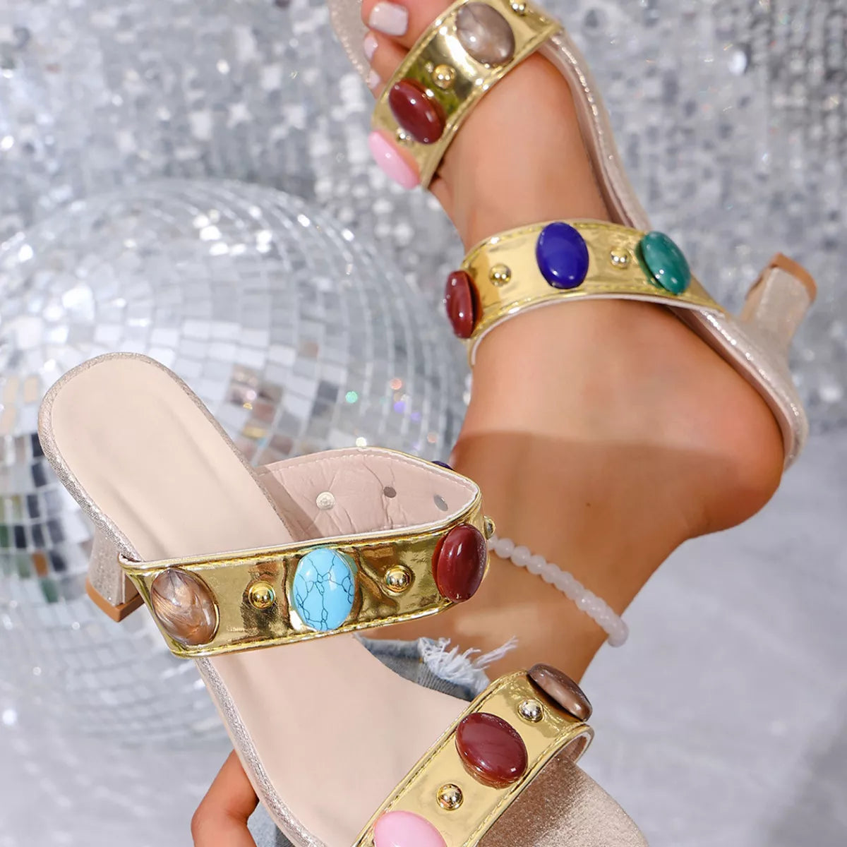 Open Toe Block Heels Sandals - Gold - View 9