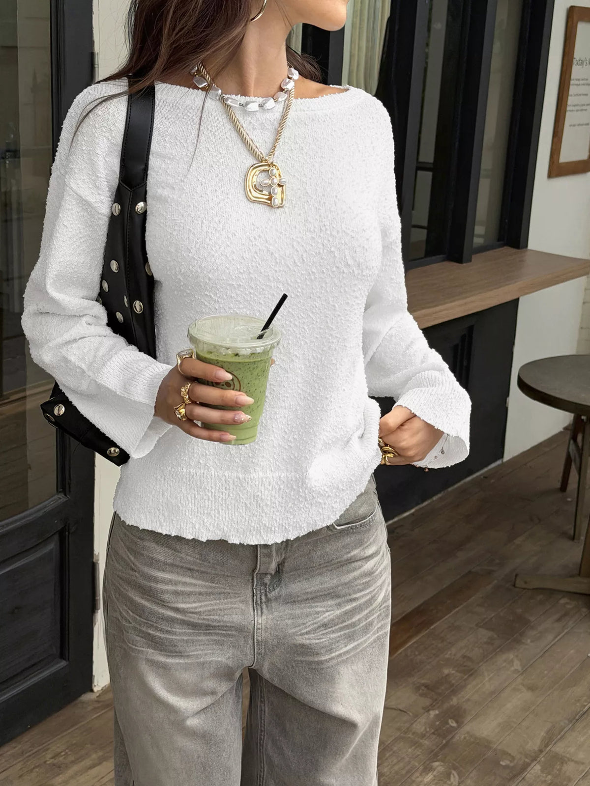 Boat Neck Dropped Shoulder Sweater - White - View 4