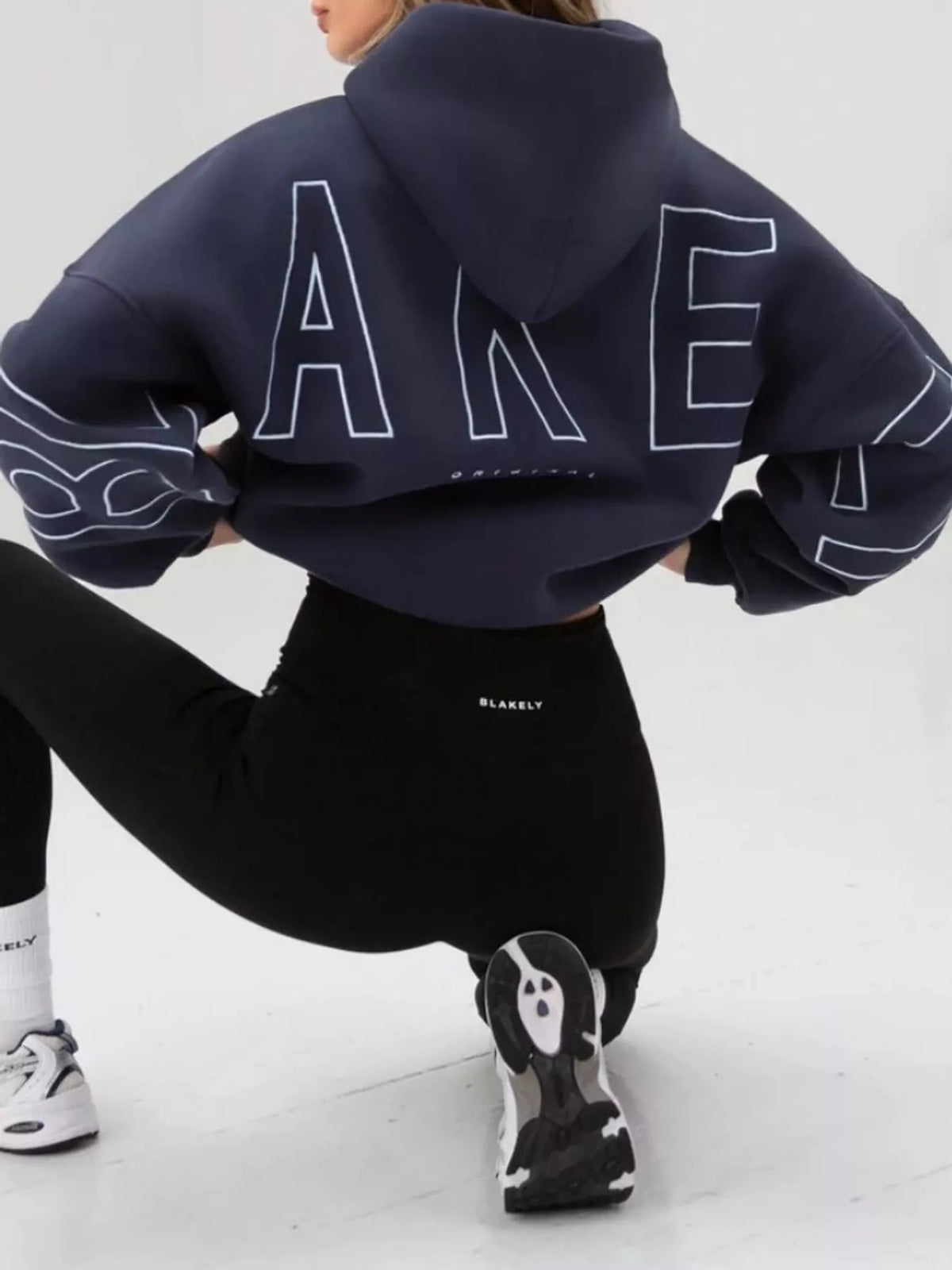 Letter Back Hoodie with Kangaroo Pocket - Navy - View 26