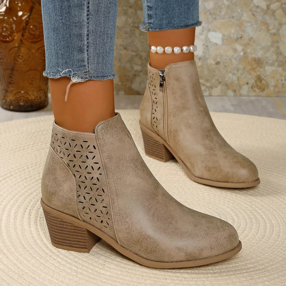 Point Toe Block Heels Boots - Khaki - View 20
