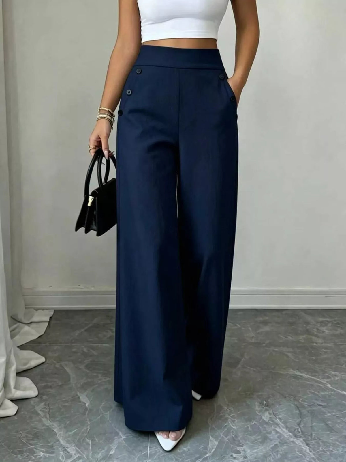 High-Waisted Wide-Leg Pants - Navy - View 15
