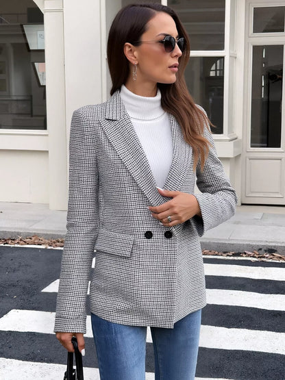 Houndstooth Patterned Double-Breasted Blazer - Black - View 4