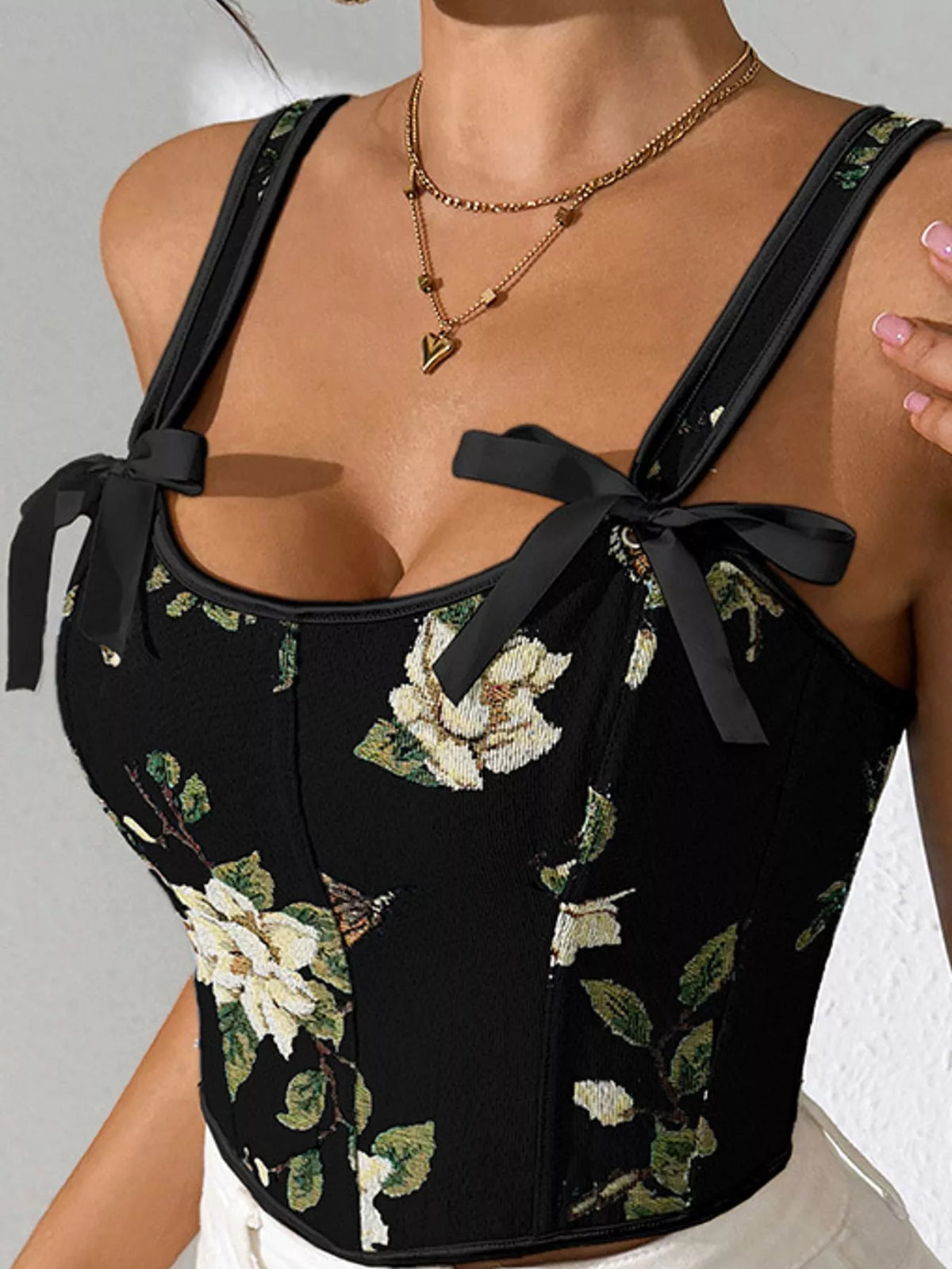 Floral Lace Up Back Tank - Black - View 16