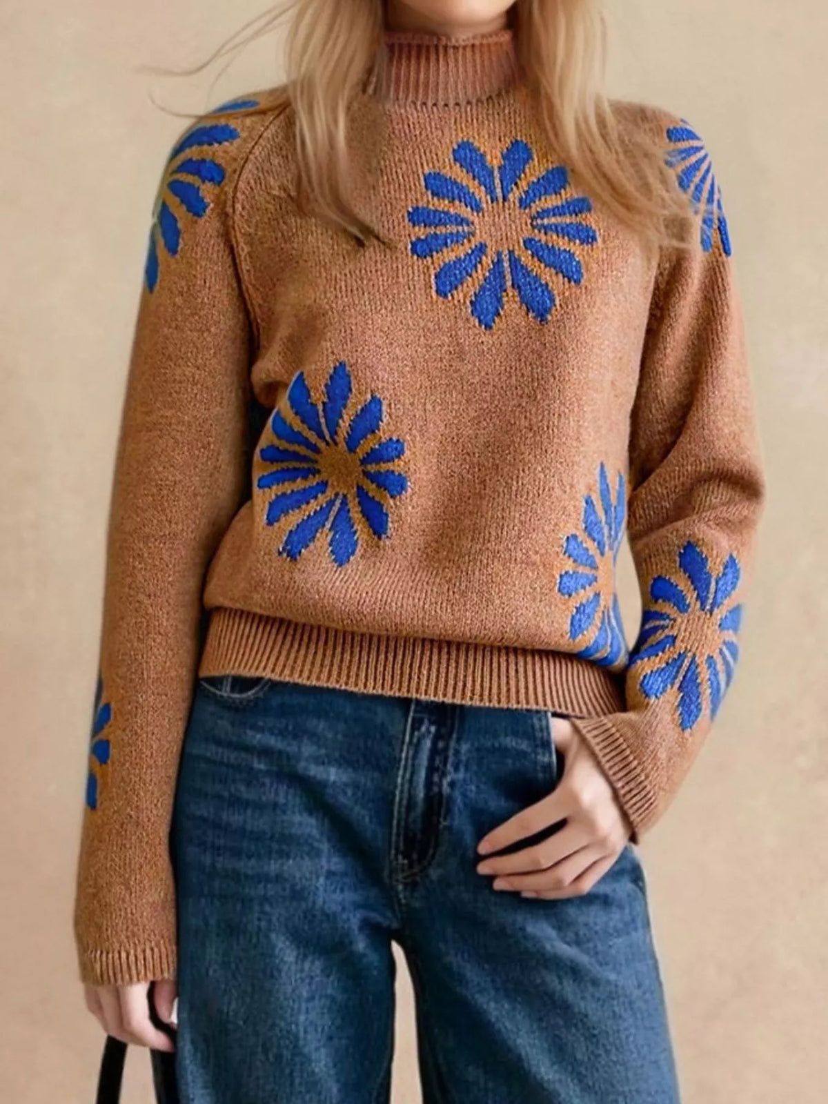 Flower Mock Neck Raglan Sleeve Sweater - Caramel - View 1