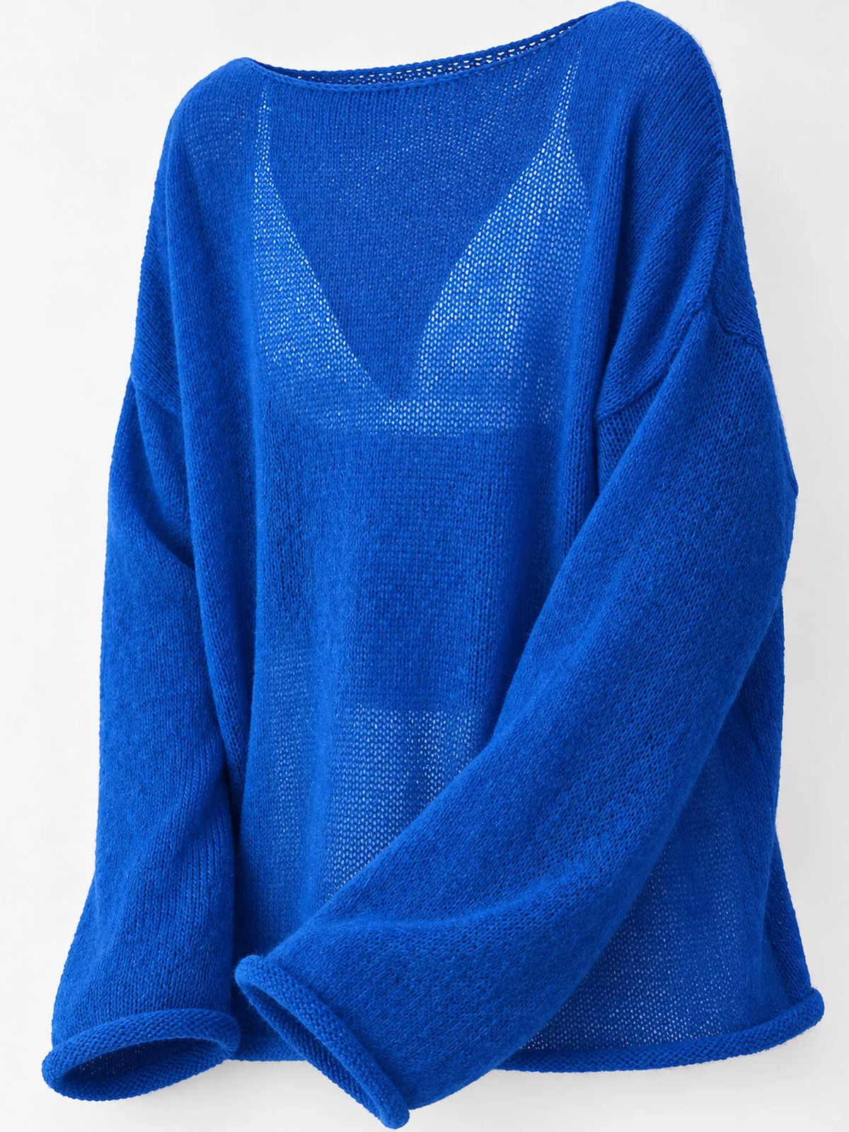 Lightweight Dropped Shoulder Knit Cover Up - Royal Blue - View 27