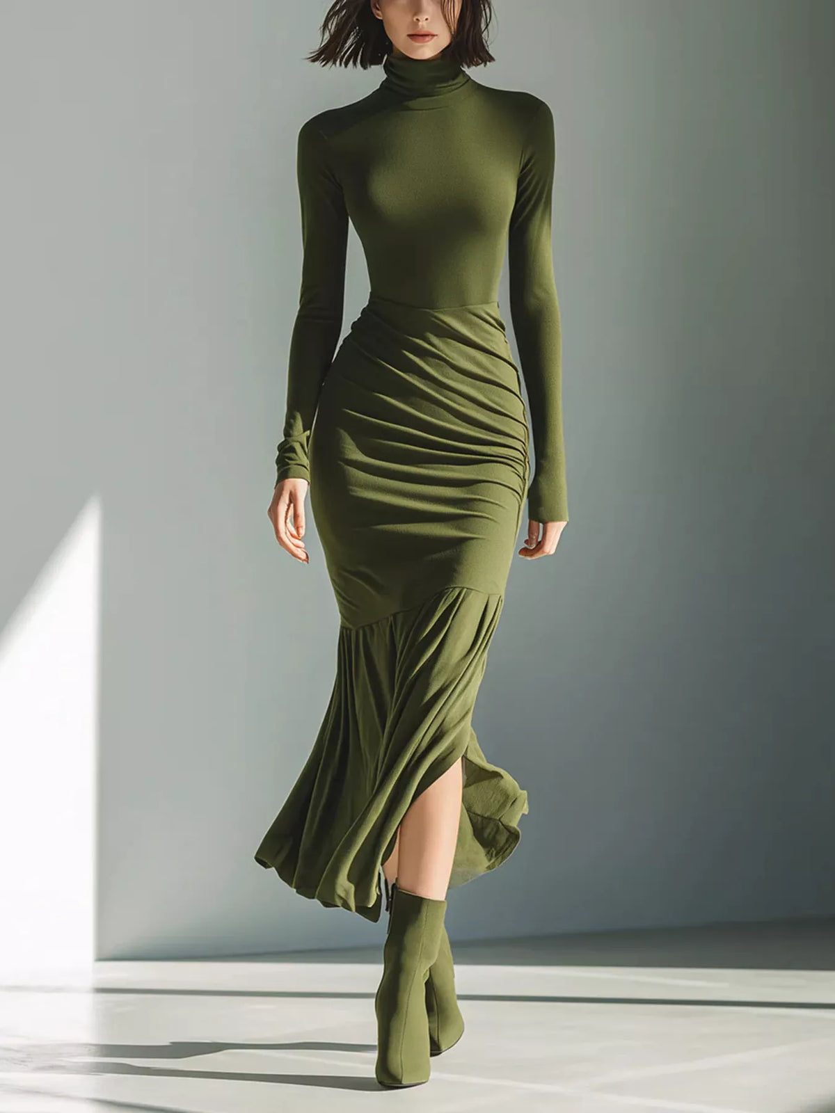 Full Size Slit Turtleneck Ruched Bodycon Mermaid Dress Plus Size - Army Green - View 1