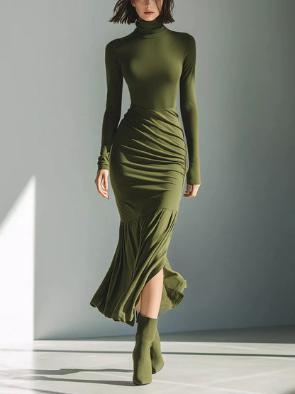 Full Size Slit Turtleneck Ruched Bodycon Mermaid Dress Plus Size - Army Green - View 1