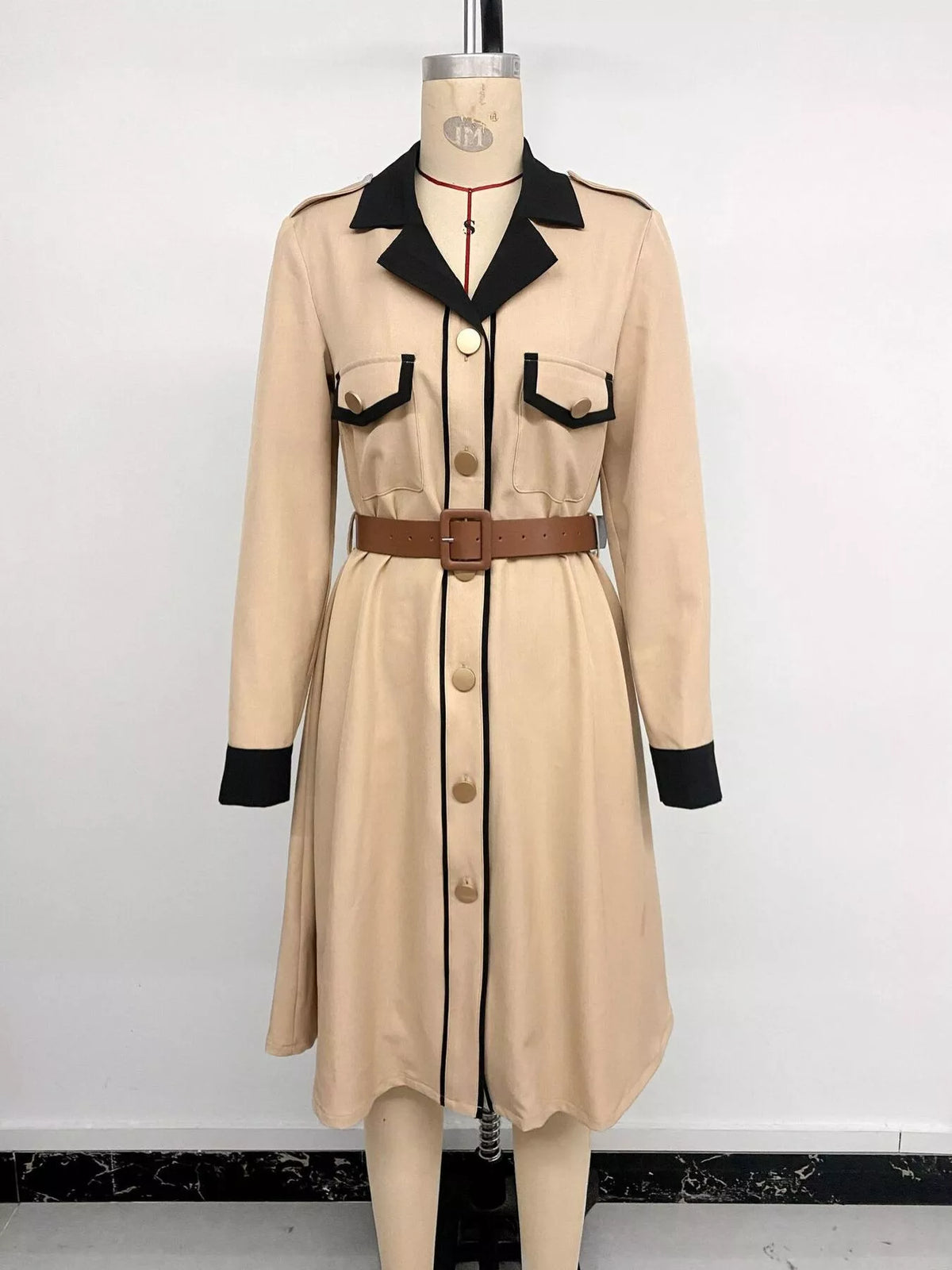 Contrast Lapel Button Front Midi Shirt Dress - Khaki - View 13